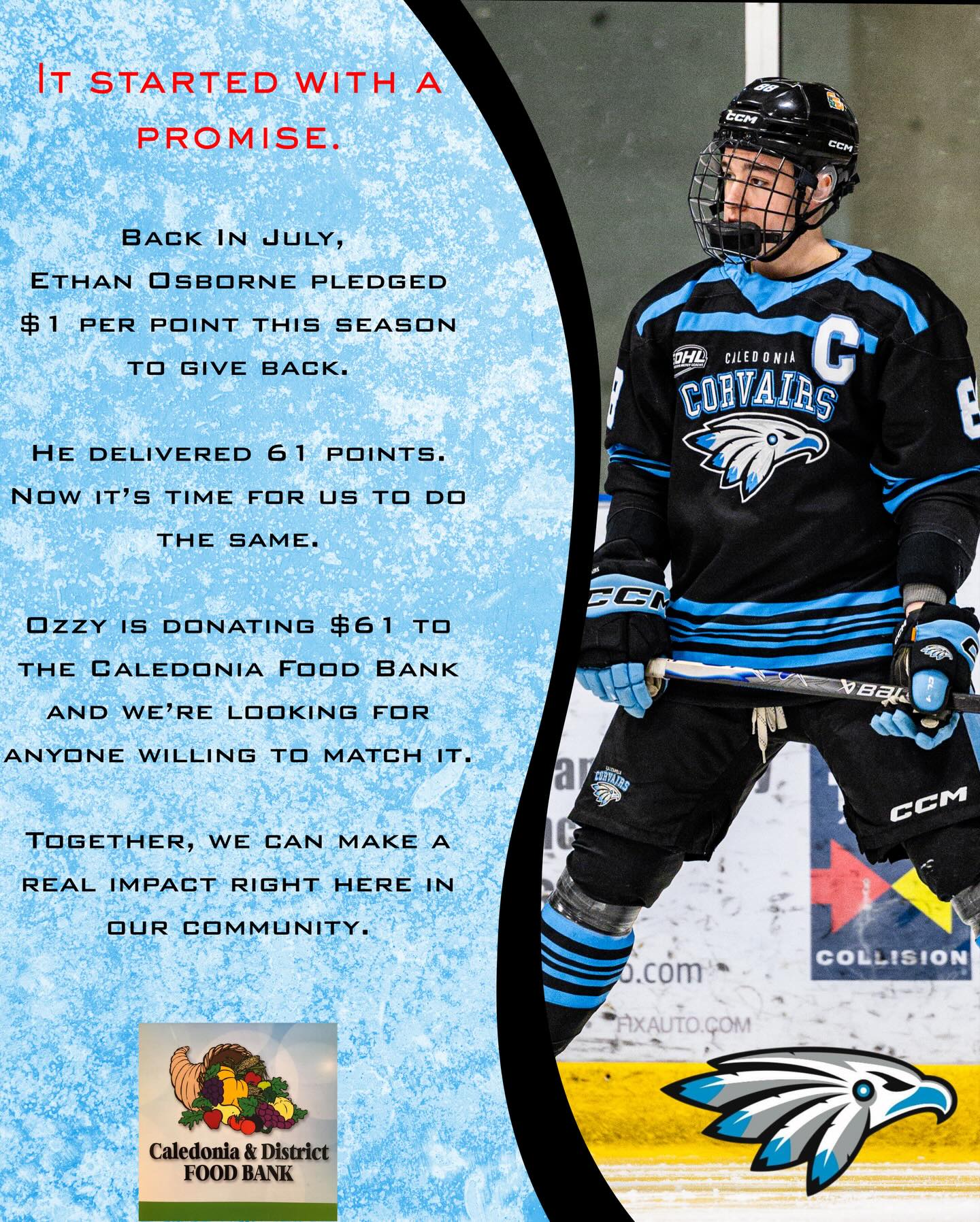 A promise made. A promise kept.

61 points. $61 back into our community.

If you’re able, help us match it and support the Caledonia Food Bank.

Donations can be sent via e-transfer: bpainter@monthillgolfcc.com

Please include “Ozzy’s Donation” in the e-transfer note.

We’re accepting donations until Friday, April 3.

#AllForCaledonia