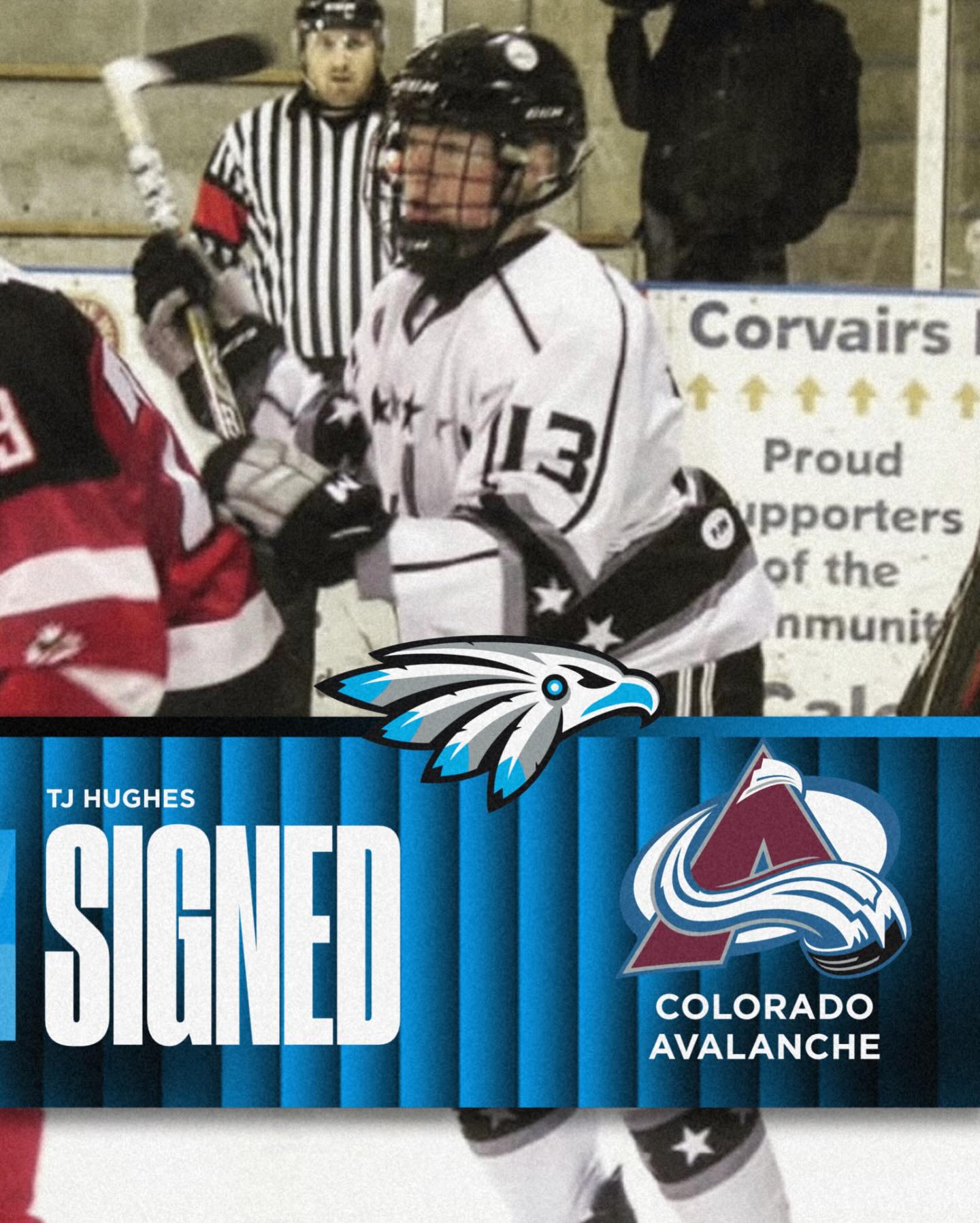 Huge congratulations to Corvairs alumni TJ Hughes on signing a contract with the Colorado Avalanche.

Hughes played 29 games with Caledonia during the 2017/18 season, putting up 12 goals and 15 assists while being a key piece of the lineup every night. After his time with the Corvairs, he took his game to the AJHL & the NCAA where he continued to grow into a high-end offensive player and one of the top scorers on his team.

That steady climb has now turned into an NHL opportunity with Colorado.

From Caledonia to Colorado, proud to have been part of the journey. #AllForCaledonia