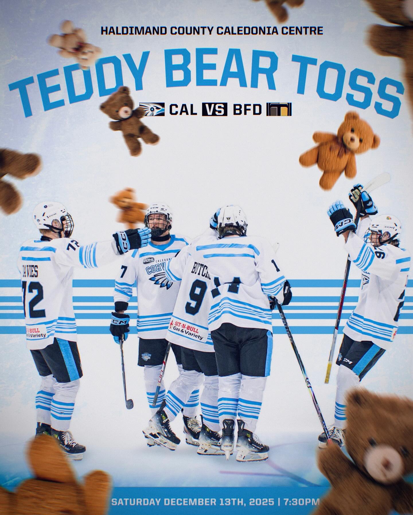 Teddy Bear Toss night hits the HCCC next Saturday, December 13th🧸
First goal = let ’em fly.
Puck drops at 7:30 PM.
Kids in minor hockey jerseys get in free with a paying adult.
#AllForCaledonia
📸: @ethsimages