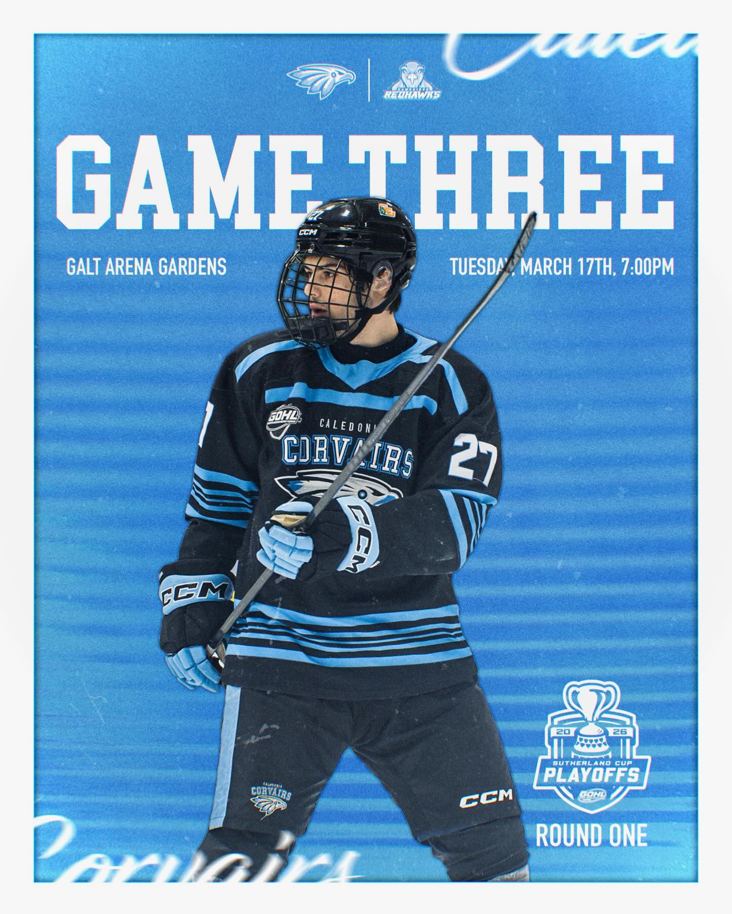 Time to answer in Game 3. #AllForCaledonia

⏰ 7PM
🆚 @redhawksjrhc (CAM leads 2-0)
🏟️ Galt Arena Gardens
🎟️ Tickets at the door (Cash/Card)
📺 Watch live on @flohockey
📸 @ethsimages